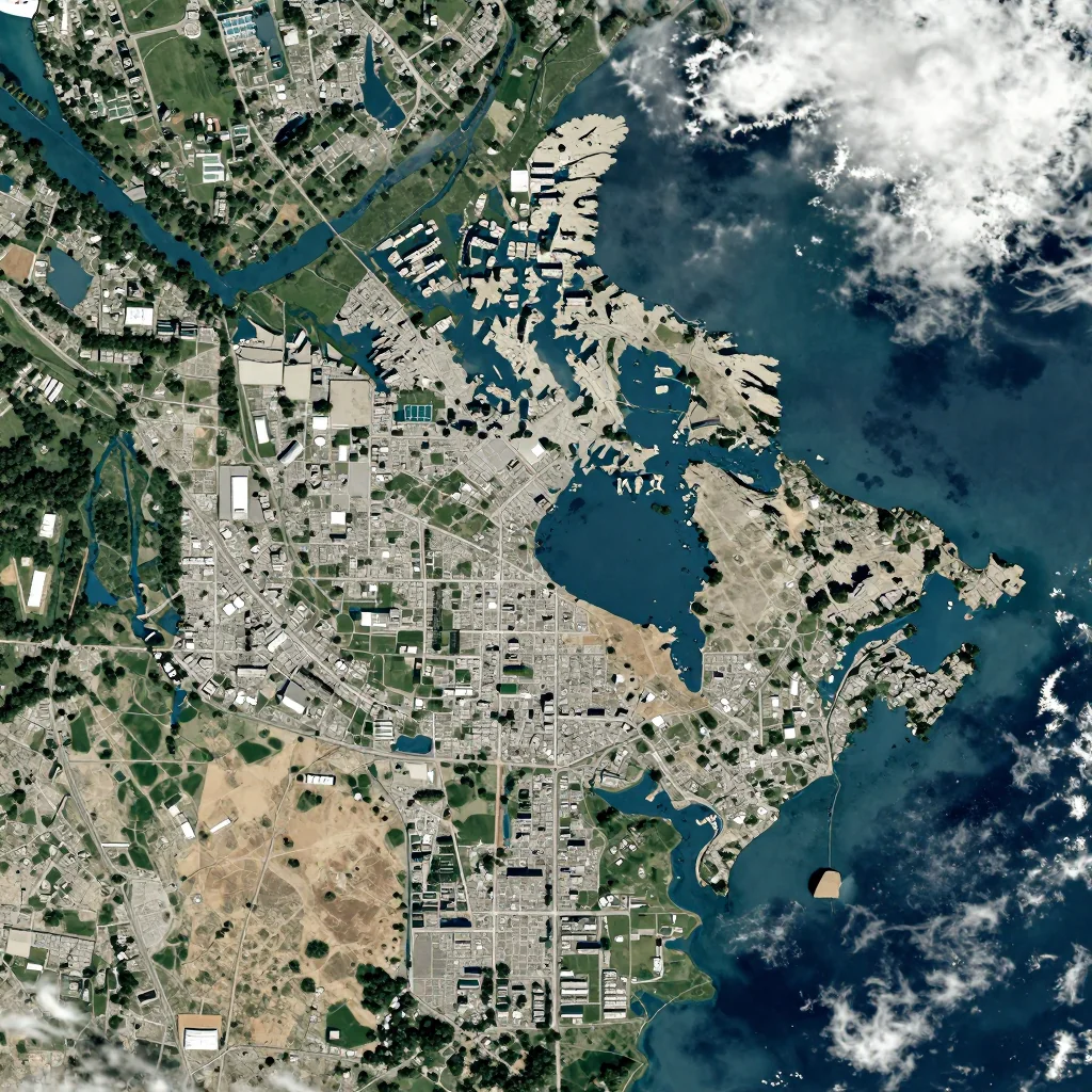 High-resolution satellite image of Bon Accord, Canada showing land cover, urban areas, and natural features from space