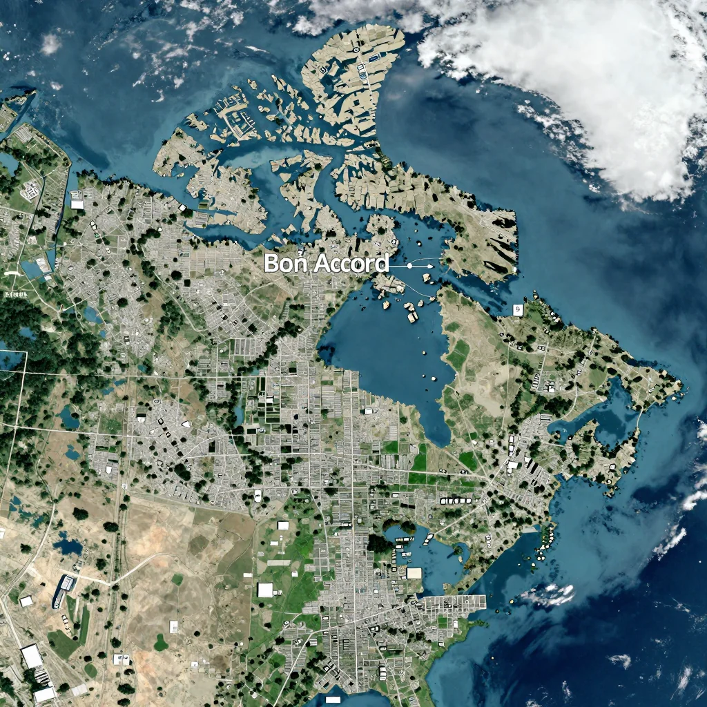 High-resolution satellite image of Bon Accord, Canada showing land cover, urban areas, and natural features from space