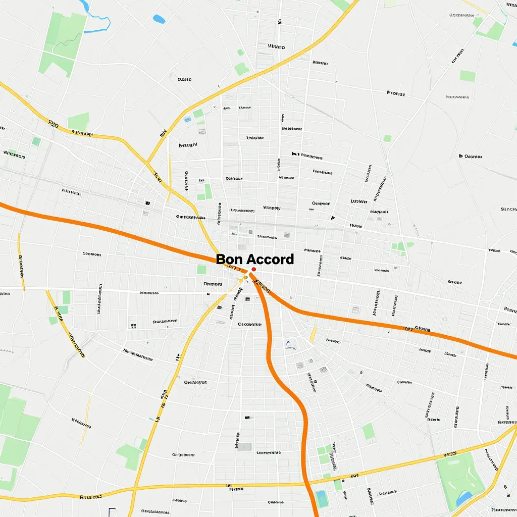 Detailed street map showing roads, highways, neighborhoods, and urban layout of Bon Accord, Canada