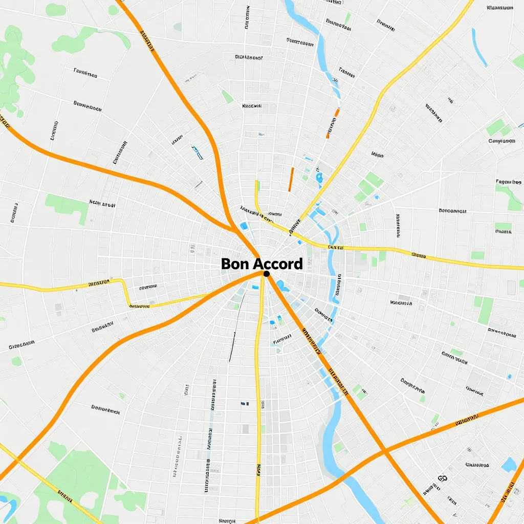 Detailed street map showing roads, highways, neighborhoods, and urban layout of Bon Accord, Canada