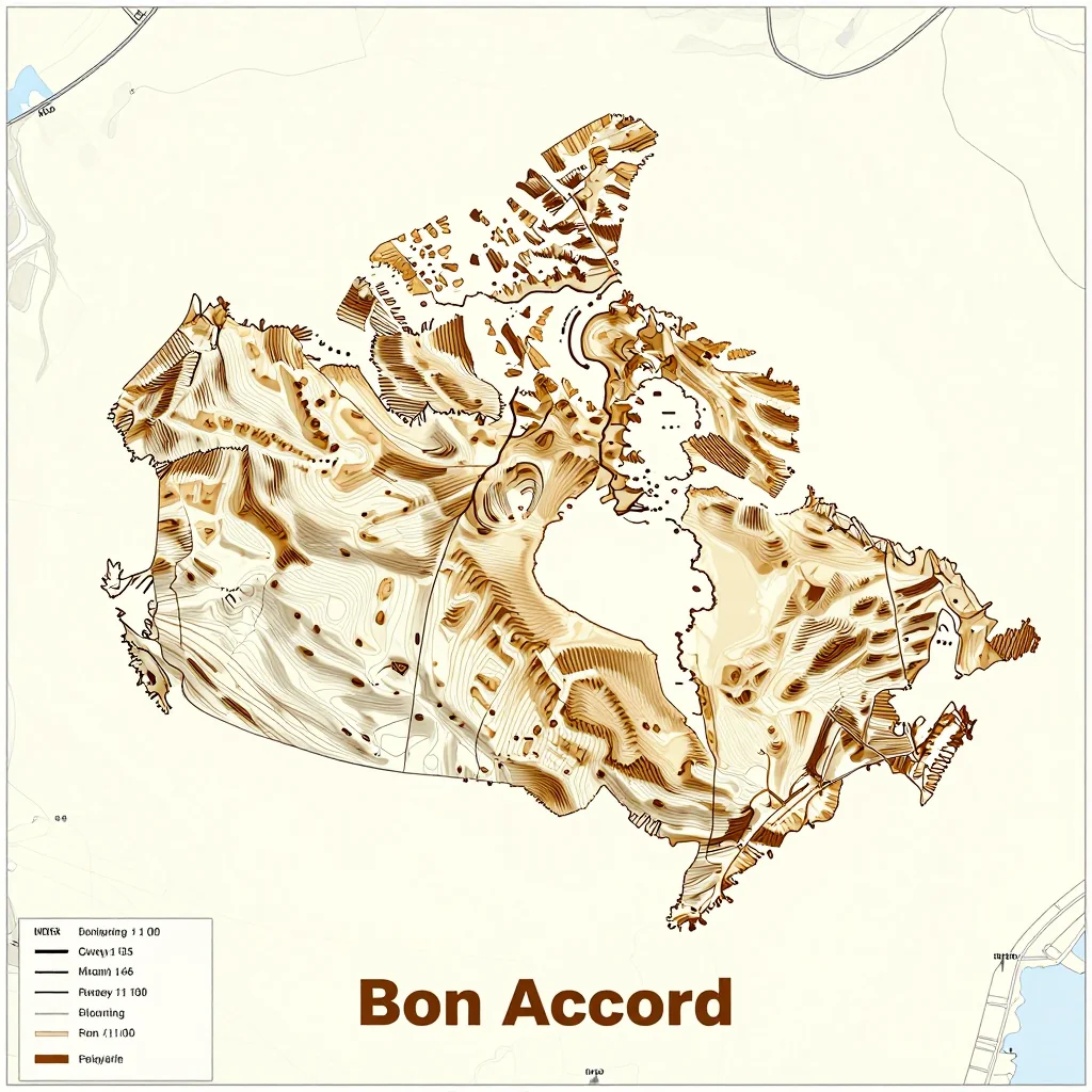3D topographic map showing elevation contours, mountain ranges, and terrain features of Bon Accord, Canada
