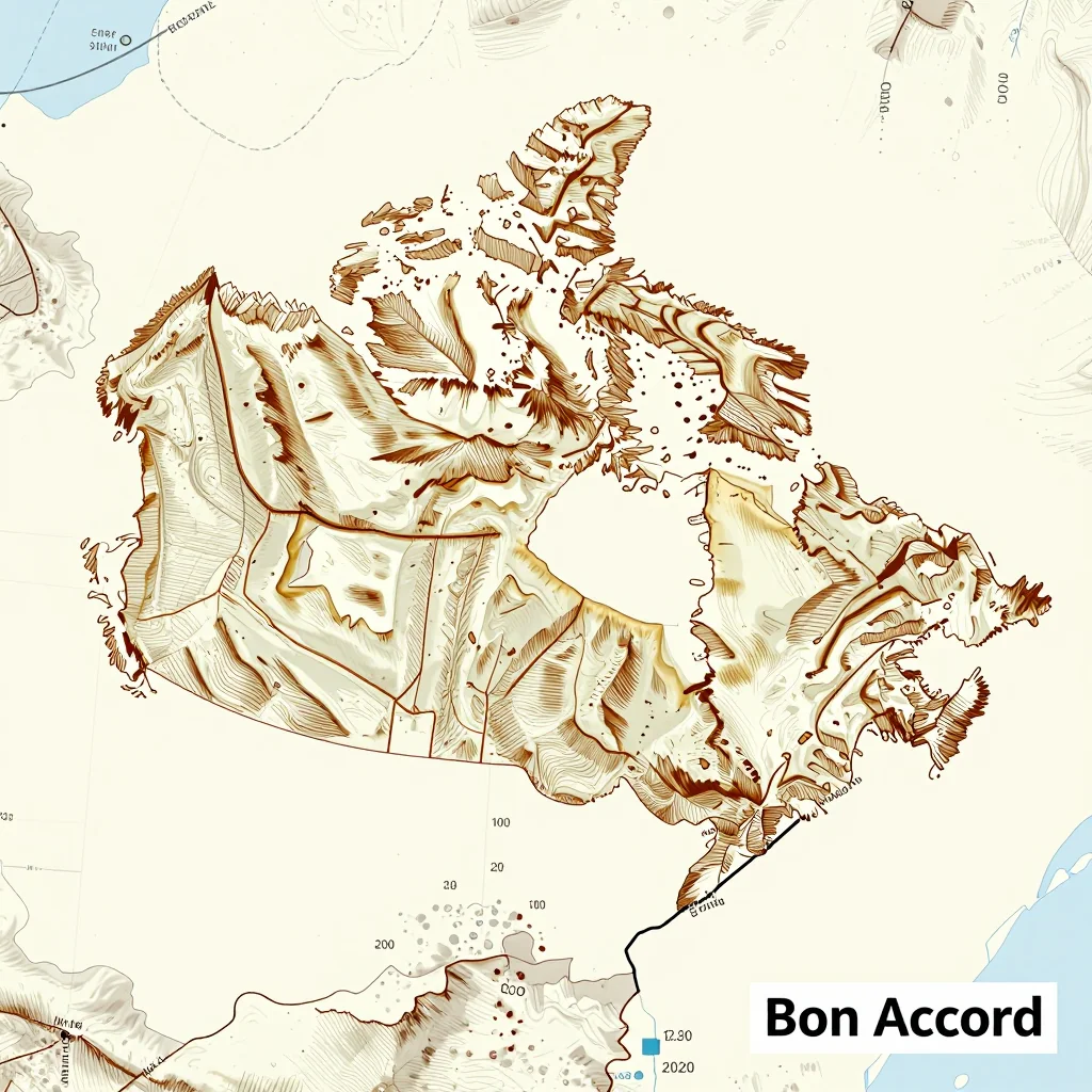 3D topographic map showing elevation contours, mountain ranges, and terrain features of Bon Accord, Canada