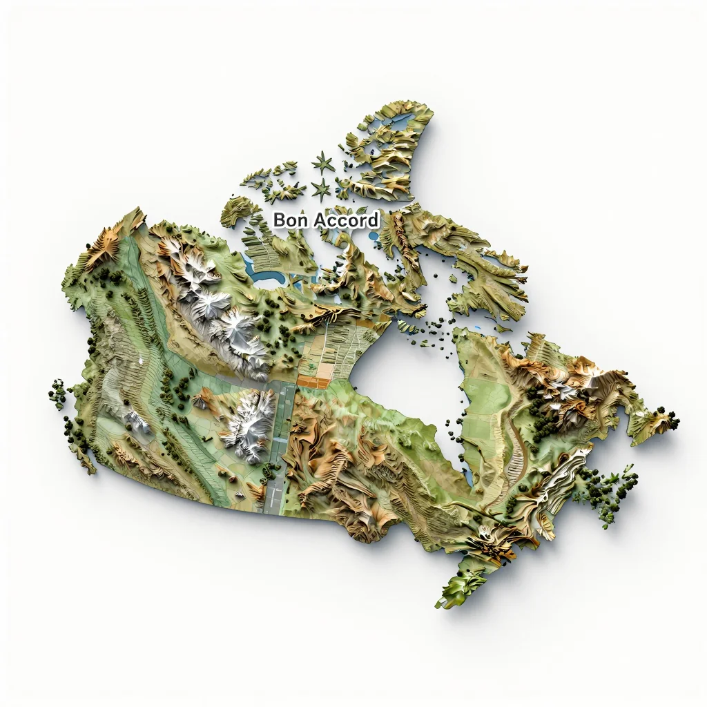 Isometric 3D topographic visualization showing elevation and terrain of Bon Accord, Canada
