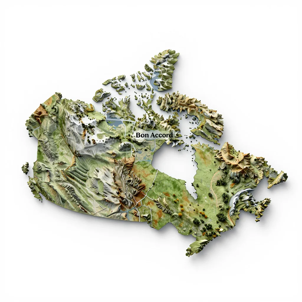 Isometric 3D topographic visualization showing elevation and terrain of Bon Accord, Canada
