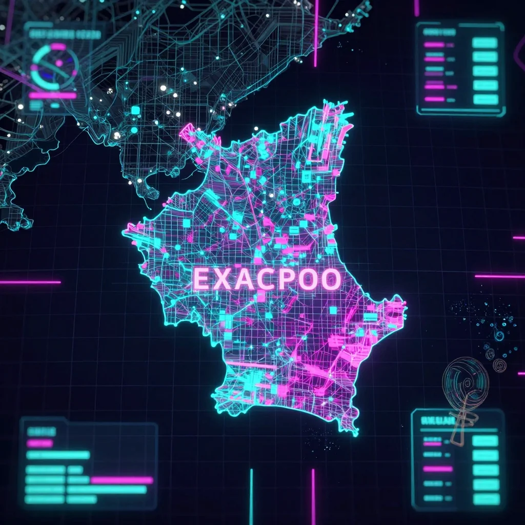 Cyberpunk style digital map of Cameroon with neon grid lines and futuristic UI design