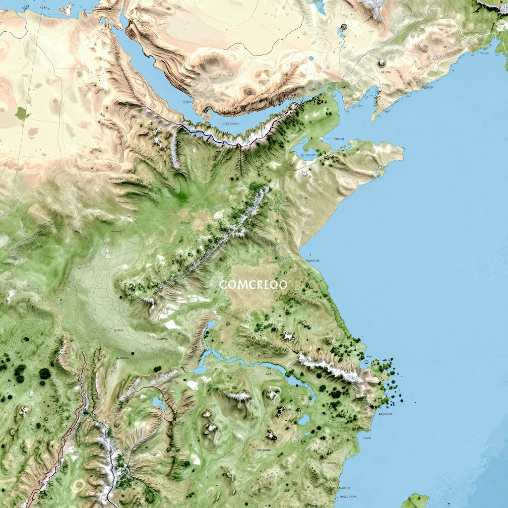 Physical geography map showing terrain, mountains, rivers, and natural features of Cameroon