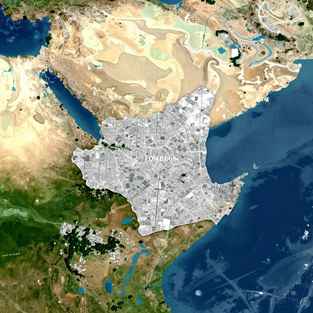 High-resolution satellite image of Cameroon showing land cover, urban areas, and natural features from space