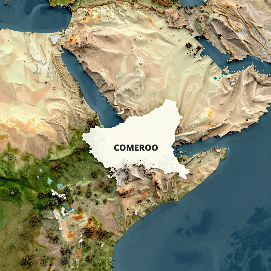 Isometric 3D topographic visualization showing elevation and terrain of Cameroon