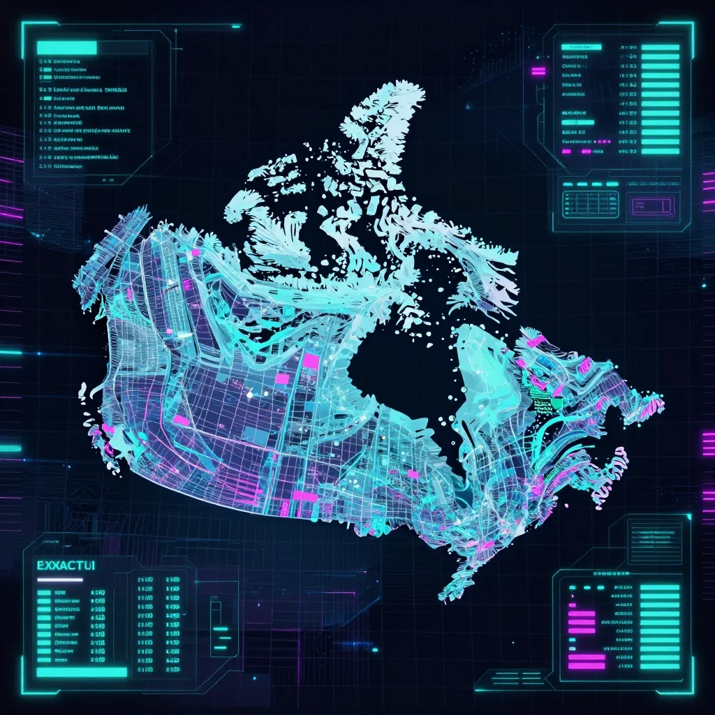 Cyberpunk style digital map of Canada with neon grid lines and futuristic UI design