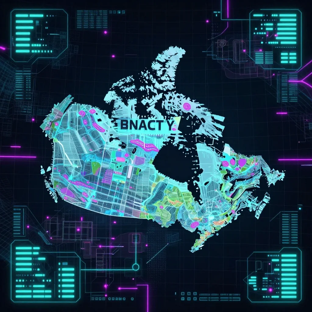 Cyberpunk style digital map of Canada with neon grid lines and futuristic UI design