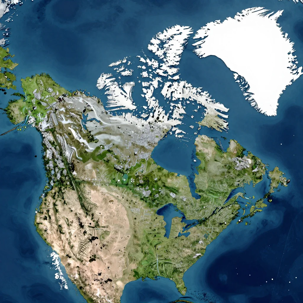 High-resolution satellite image of Canada showing land cover, urban areas, and natural features from space