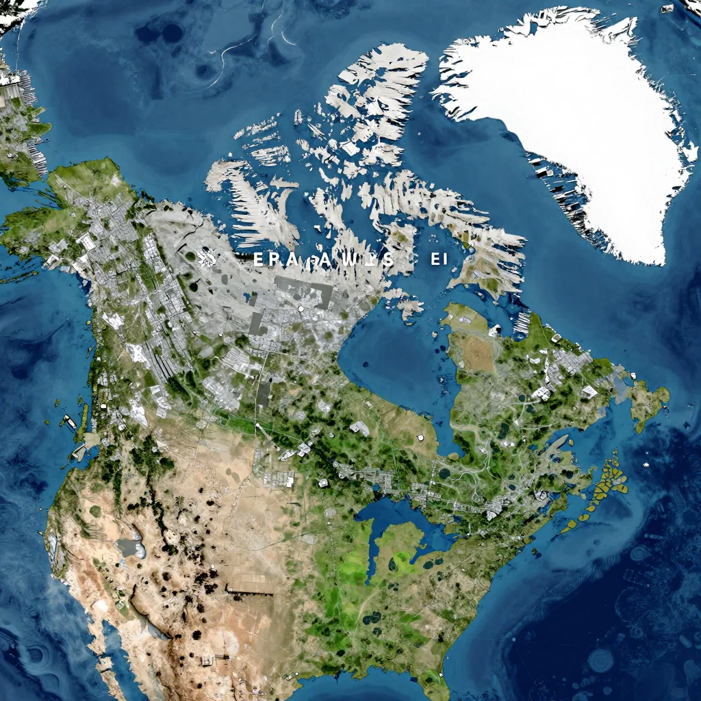 High-resolution satellite image of Canada showing land cover, urban areas, and natural features from space