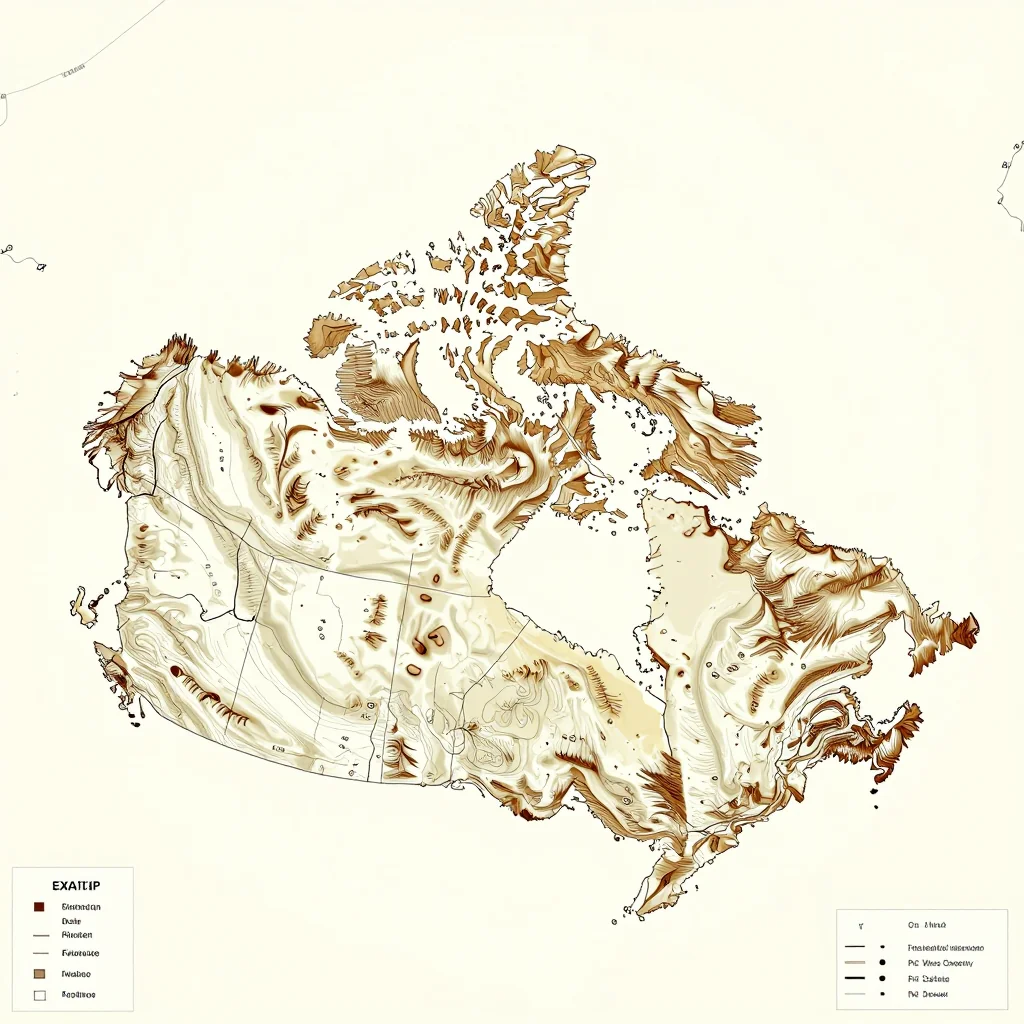 3D topographic map showing elevation contours, mountain ranges, and terrain features of Canada