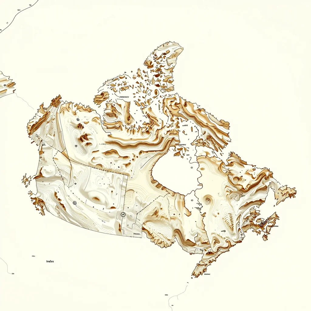 3D topographic map showing elevation contours, mountain ranges, and terrain features of Canada