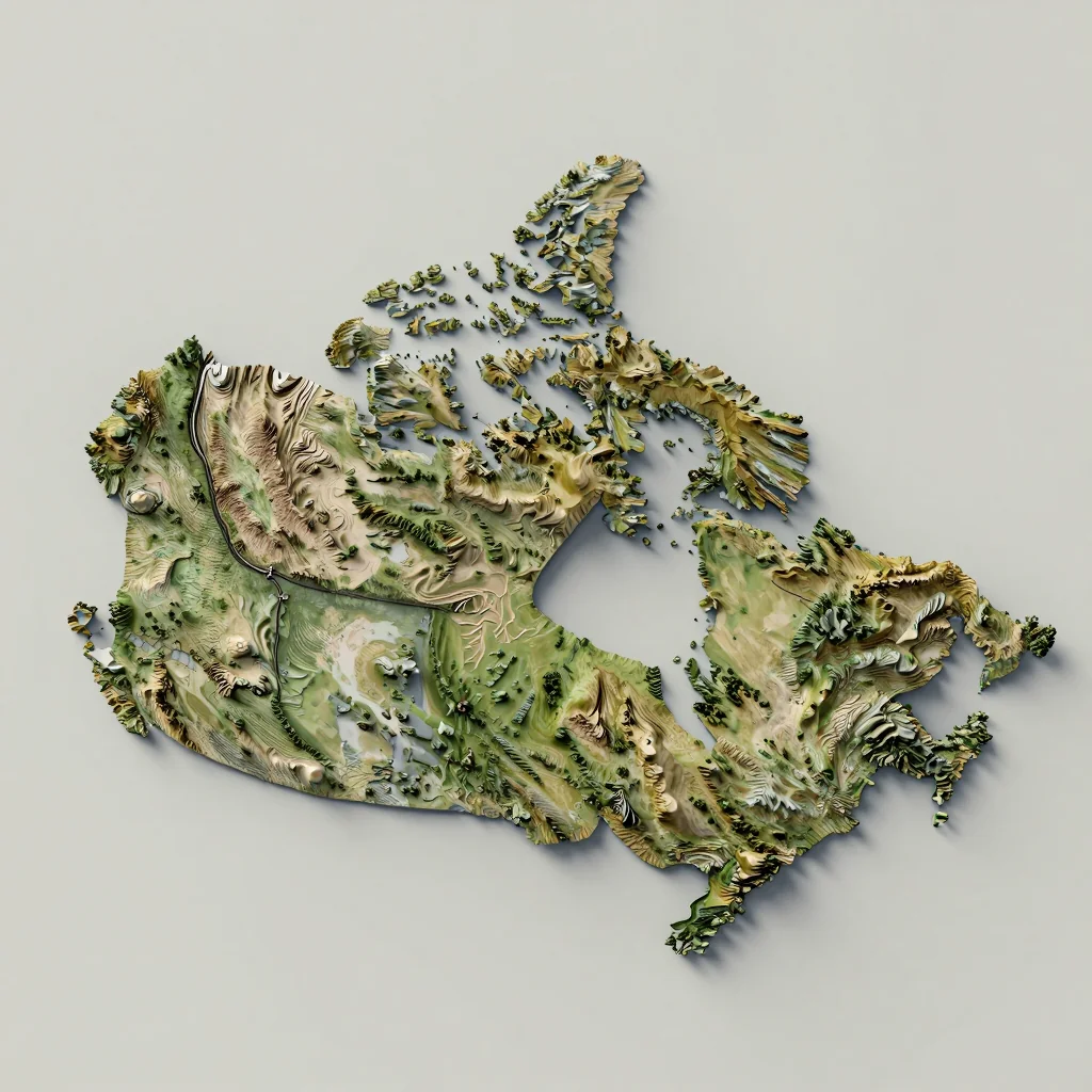 Isometric 3D topographic visualization showing elevation and terrain of Canada