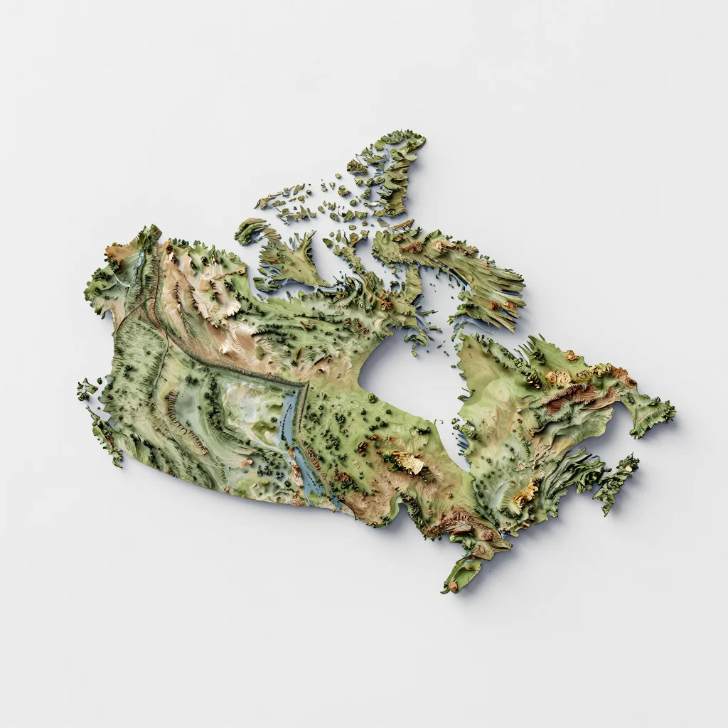 Isometric 3D topographic visualization showing elevation and terrain of Canada