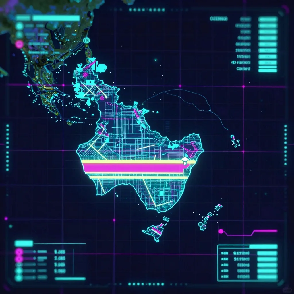 Cyberpunk style digital map of Cape Verde with neon grid lines and futuristic UI design