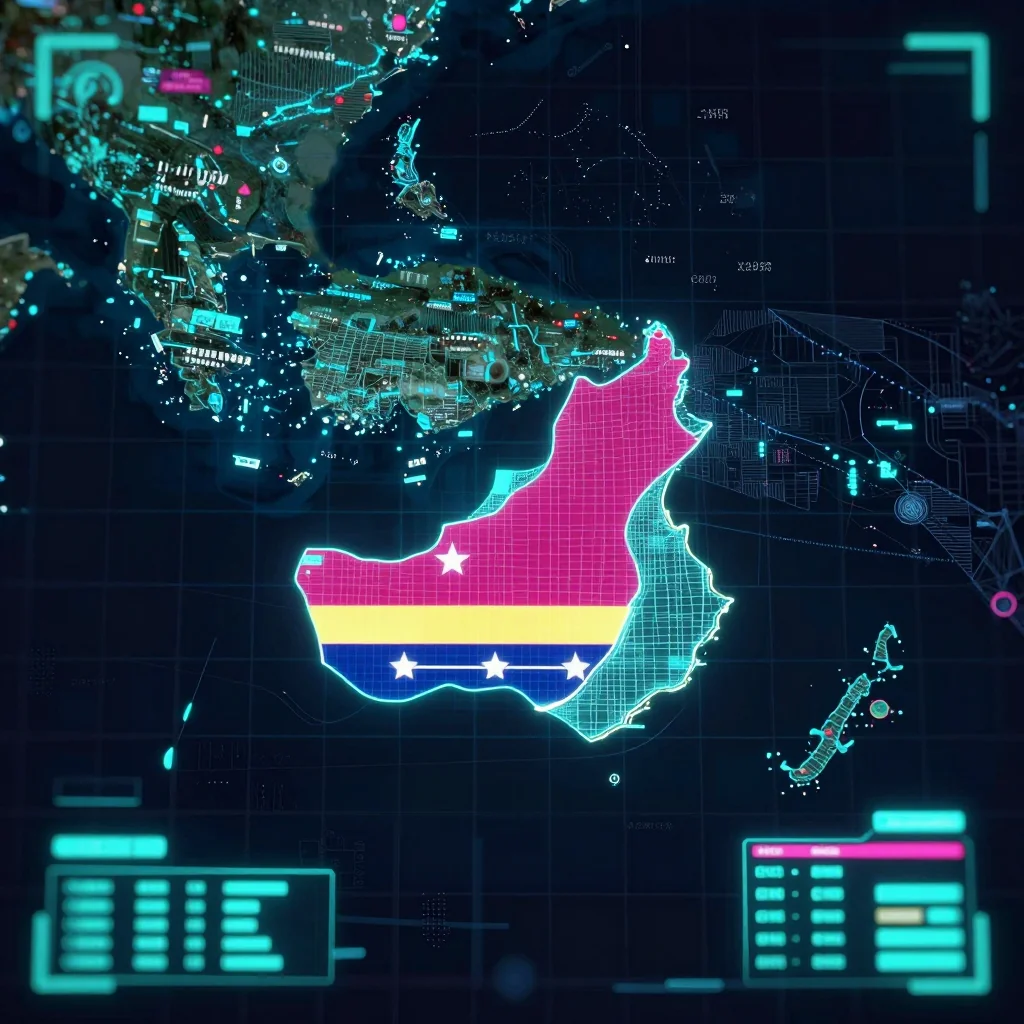 Cyberpunk style digital map of Cape Verde with neon grid lines and futuristic UI design