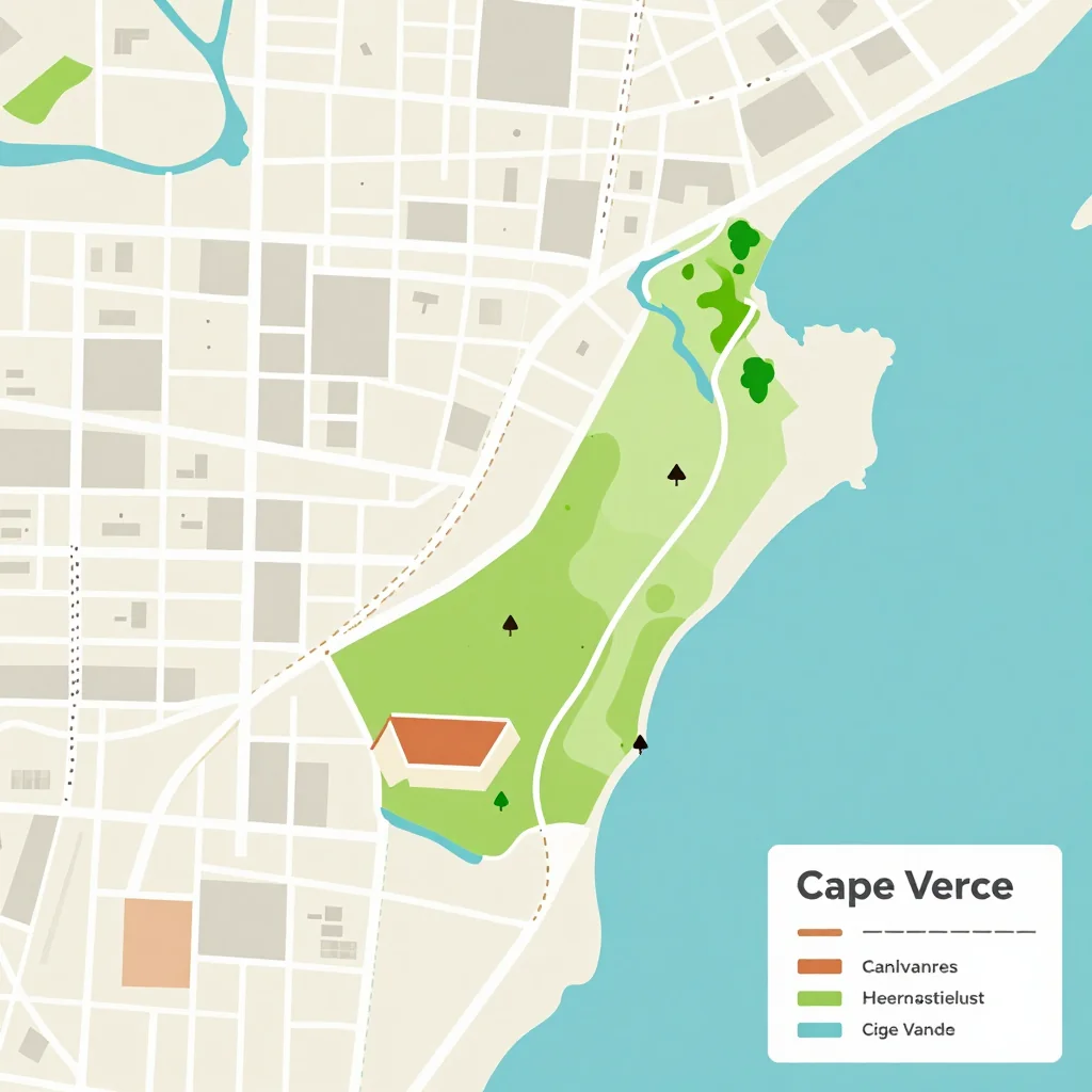 Isometric flat design tourist map of Cape Verde showing landmarks, attractions, and points of interest