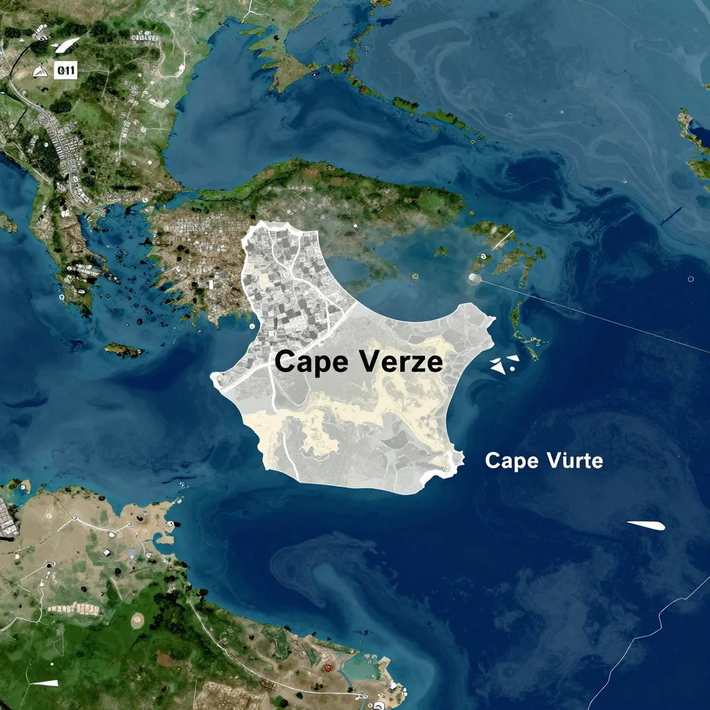 High-resolution satellite image of Cape Verde showing land cover, urban areas, and natural features from space