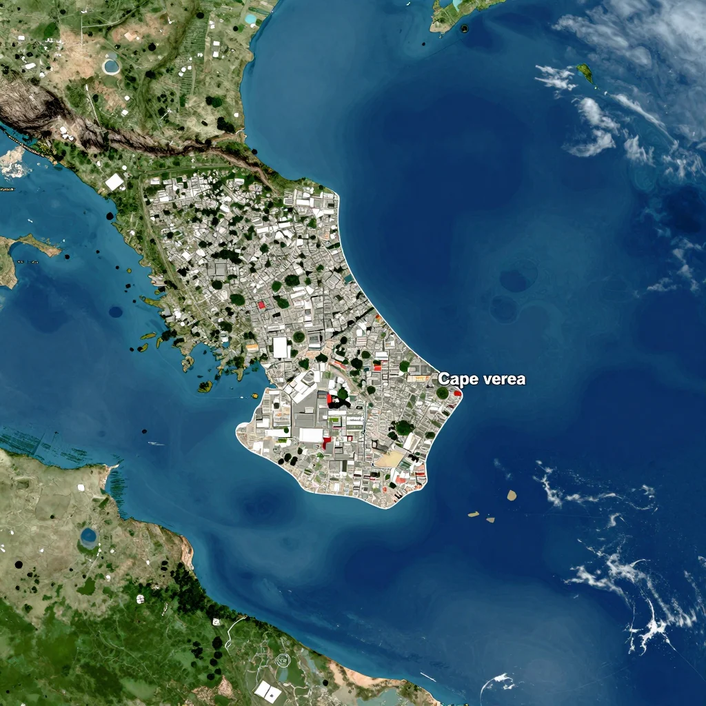 High-resolution satellite image of Cape Verde showing land cover, urban areas, and natural features from space