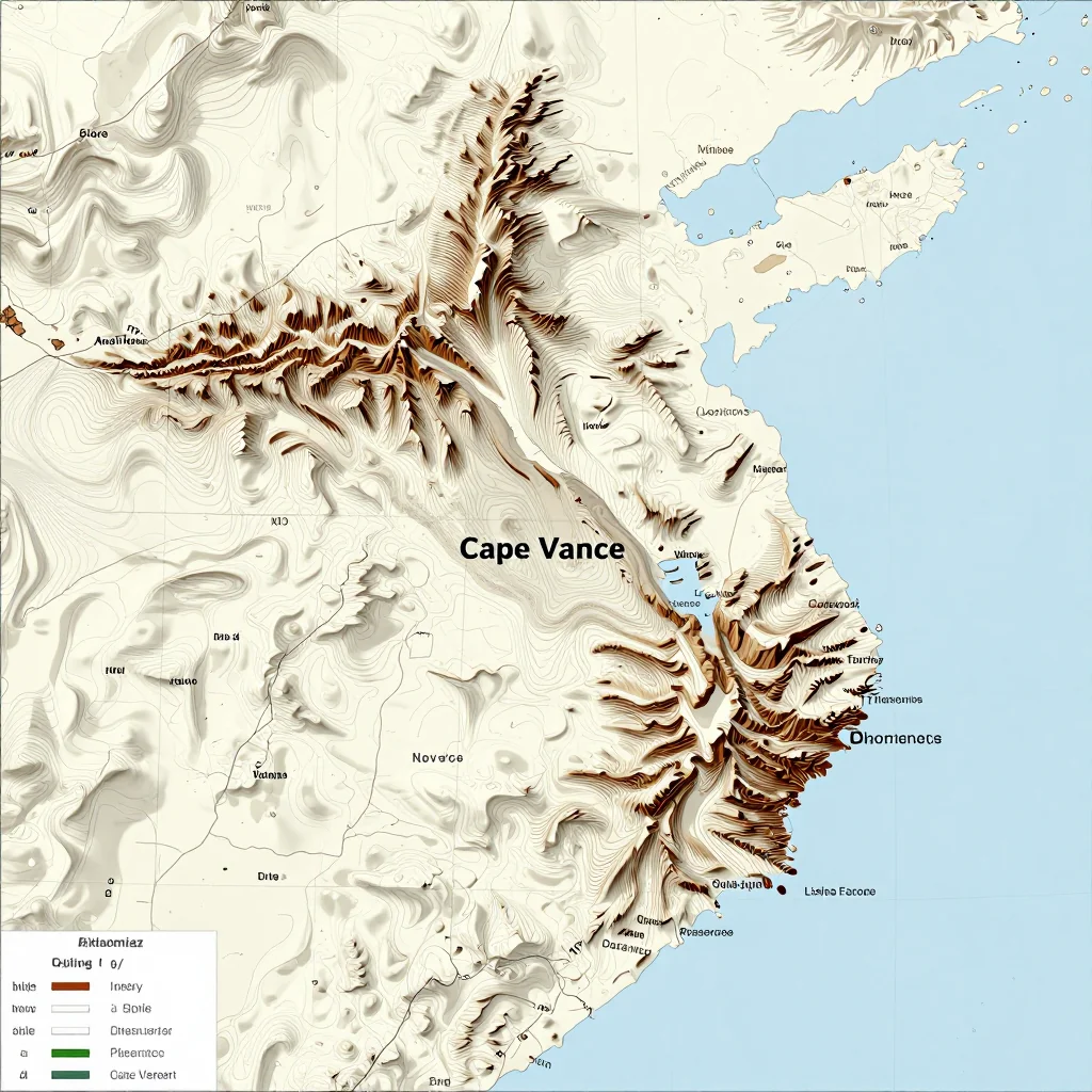 3D topographic map showing elevation contours, mountain ranges, and terrain features of Cape Verde