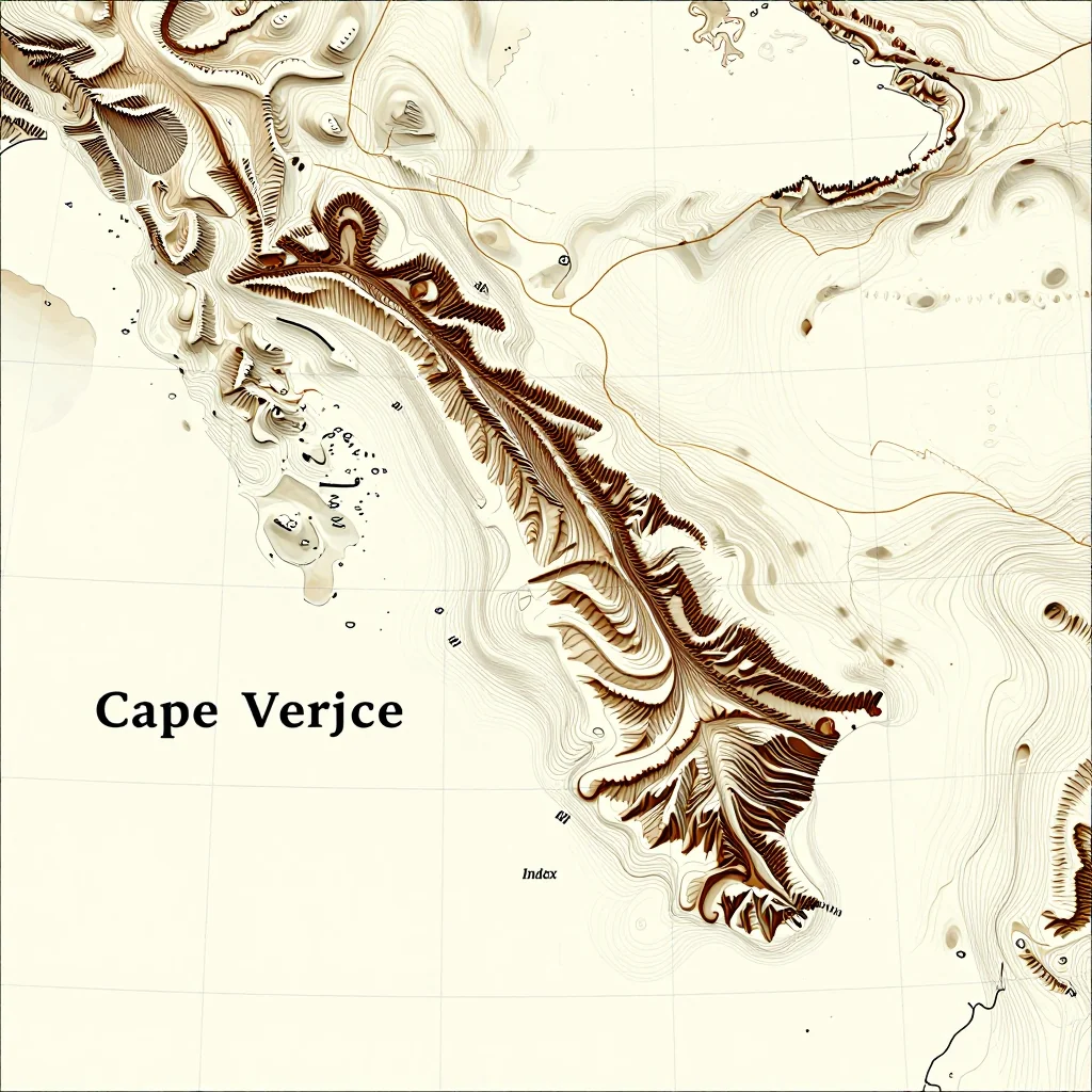 3D topographic map showing elevation contours, mountain ranges, and terrain features of Cape Verde