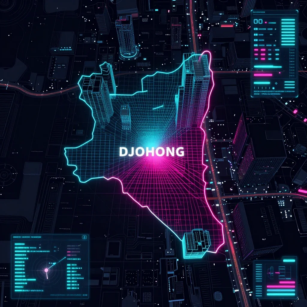 Cyberpunk style digital map of Djohong, Cameroon with neon grid lines and futuristic UI design