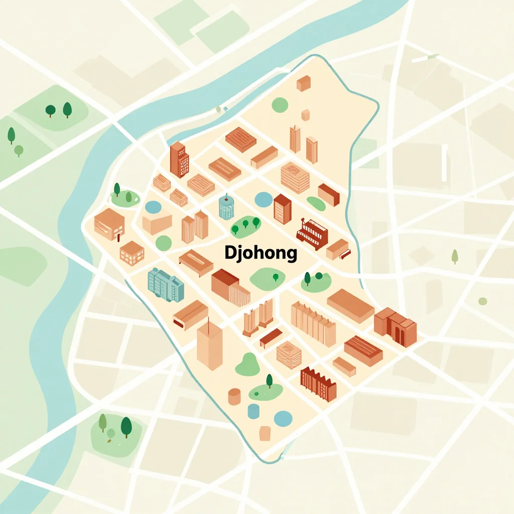 Isometric flat design tourist map of Djohong, Cameroon showing landmarks, attractions, and points of interest