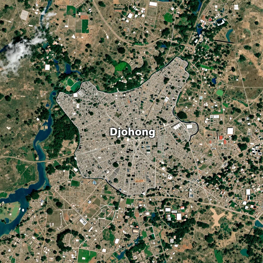 High-resolution satellite image of Djohong, Cameroon showing land cover, urban areas, and natural features from space