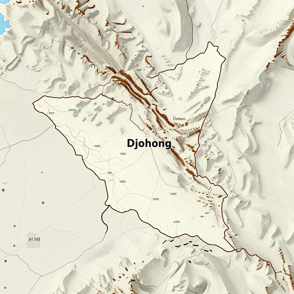 3D topographic map showing elevation contours, mountain ranges, and terrain features of Djohong, Cameroon