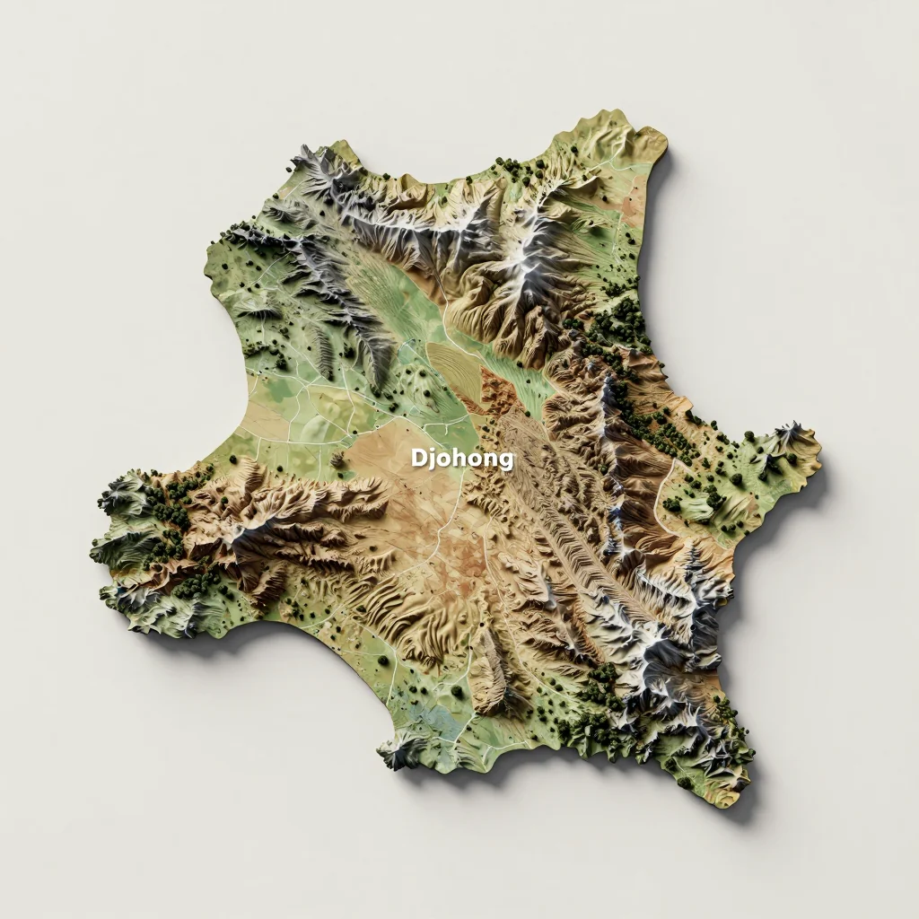 Isometric 3D topographic visualization showing elevation and terrain of Djohong, Cameroon
