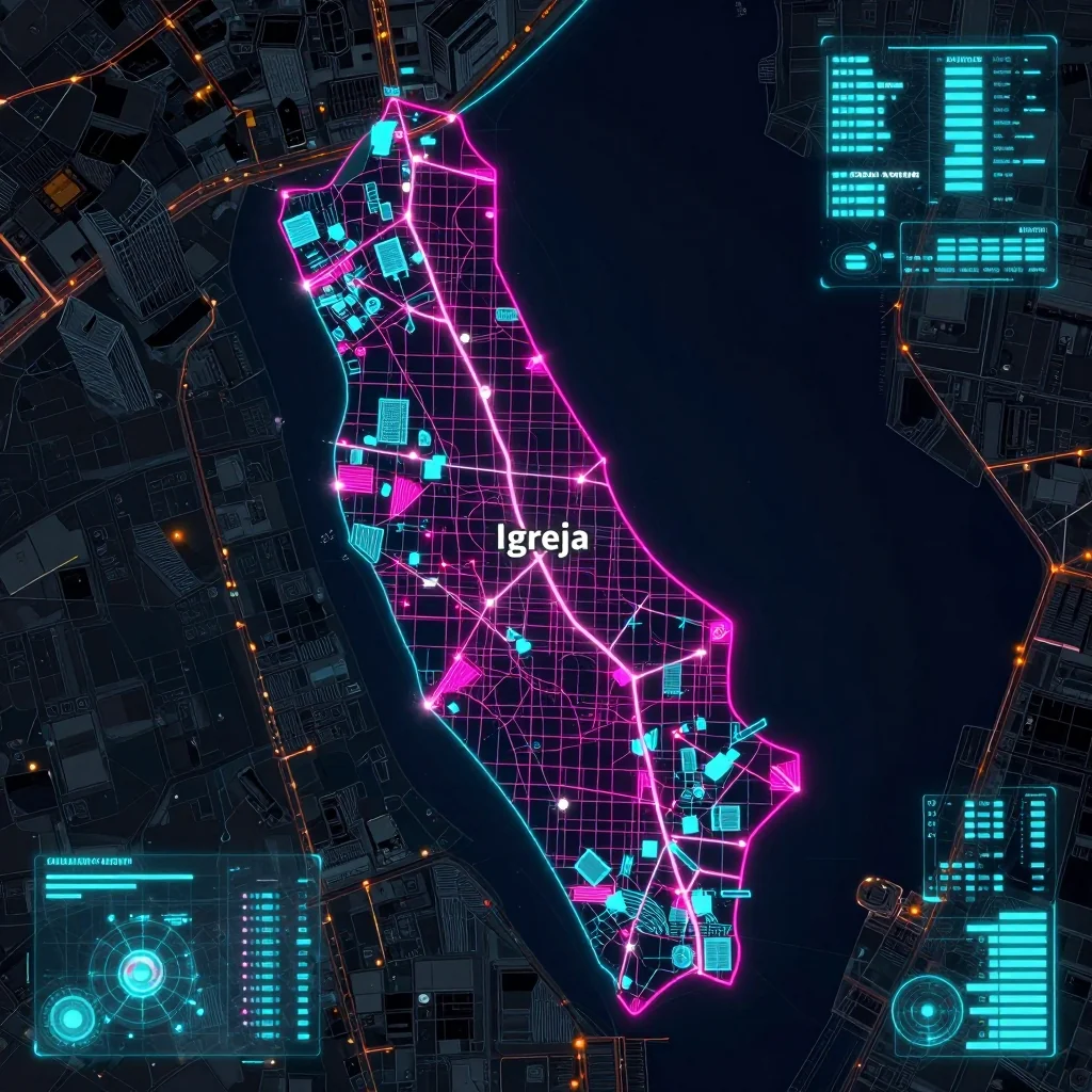 Cyberpunk style digital map of Igreja, Cape Verde with neon grid lines and futuristic UI design