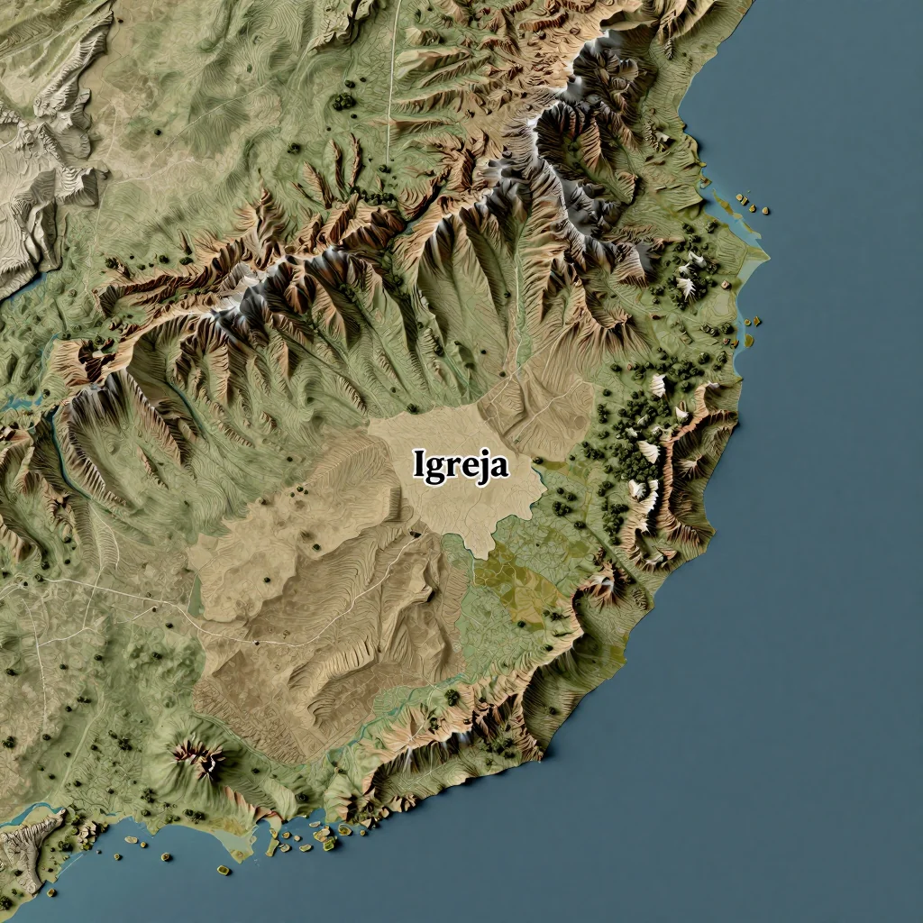 Isometric 3D topographic visualization showing elevation and terrain of Igreja, Cape Verde