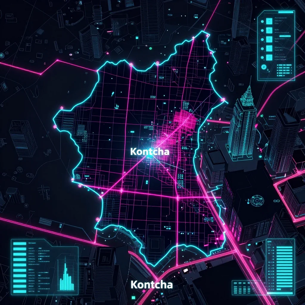Cyberpunk style digital map of Kontcha, Cameroon with neon grid lines and futuristic UI design