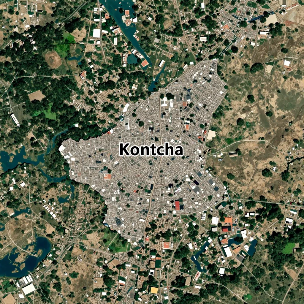 High-resolution satellite image of Kontcha, Cameroon showing land cover, urban areas, and natural features from space