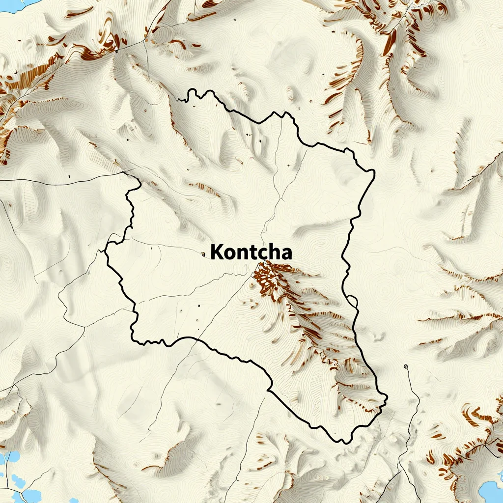 3D topographic map showing elevation contours, mountain ranges, and terrain features of Kontcha, Cameroon