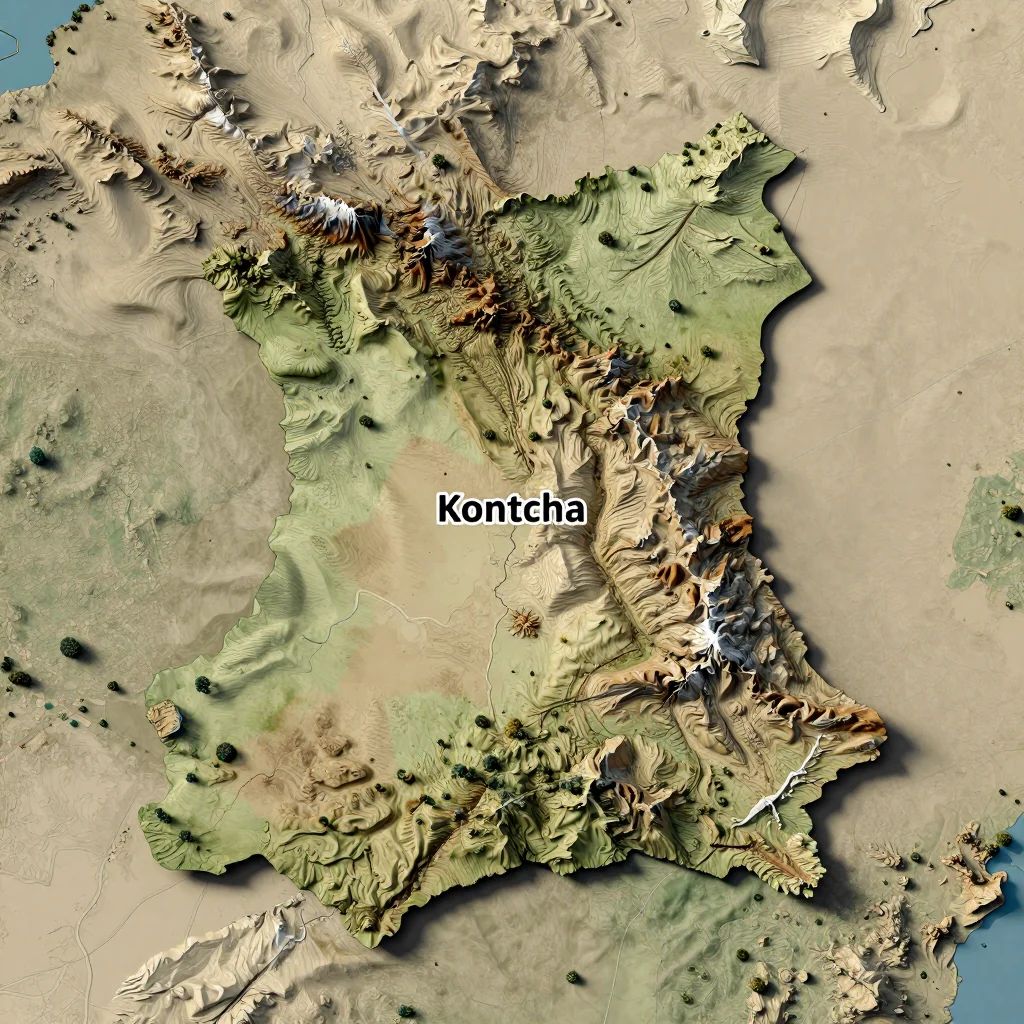 Isometric 3D topographic visualization showing elevation and terrain of Kontcha, Cameroon