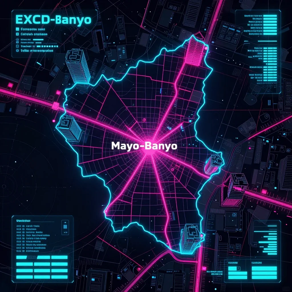 Cyberpunk style digital map of Mayo-Banyo, Cameroon with neon grid lines and futuristic UI design