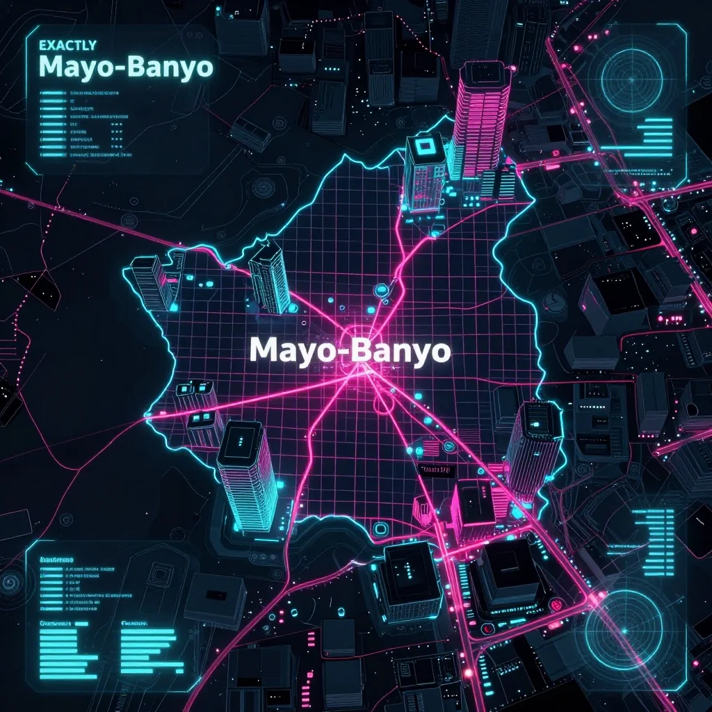 Cyberpunk style digital map of Mayo-Banyo, Cameroon with neon grid lines and futuristic UI design