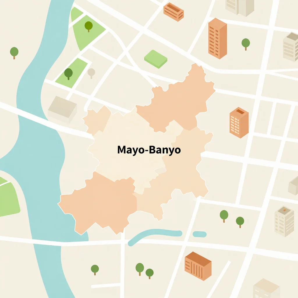 Isometric flat design tourist map of Mayo-Banyo, Cameroon showing landmarks, attractions, and points of interest