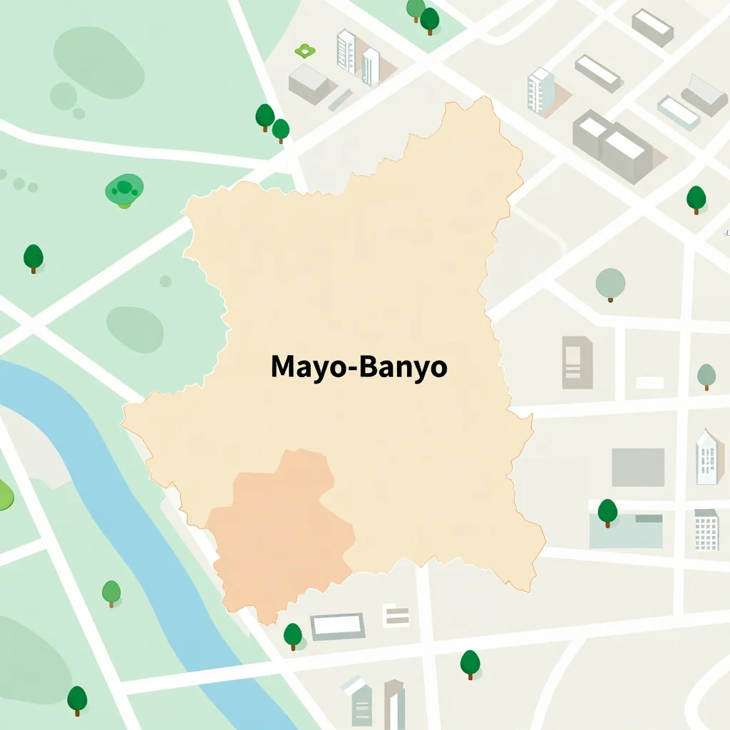 Isometric flat design tourist map of Mayo-Banyo, Cameroon showing landmarks, attractions, and points of interest
