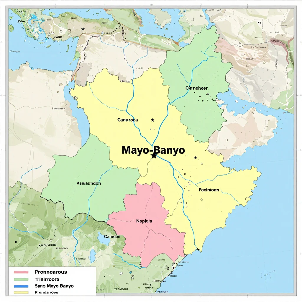 Political map showing borders, administrative divisions, major cities, and capital of Mayo-Banyo, Cameroon