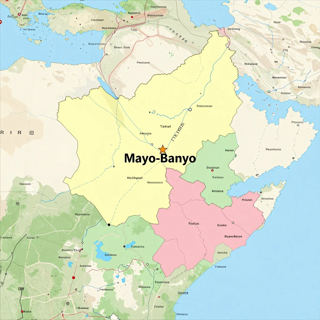 Political map showing borders, administrative divisions, major cities, and capital of Mayo-Banyo, Cameroon