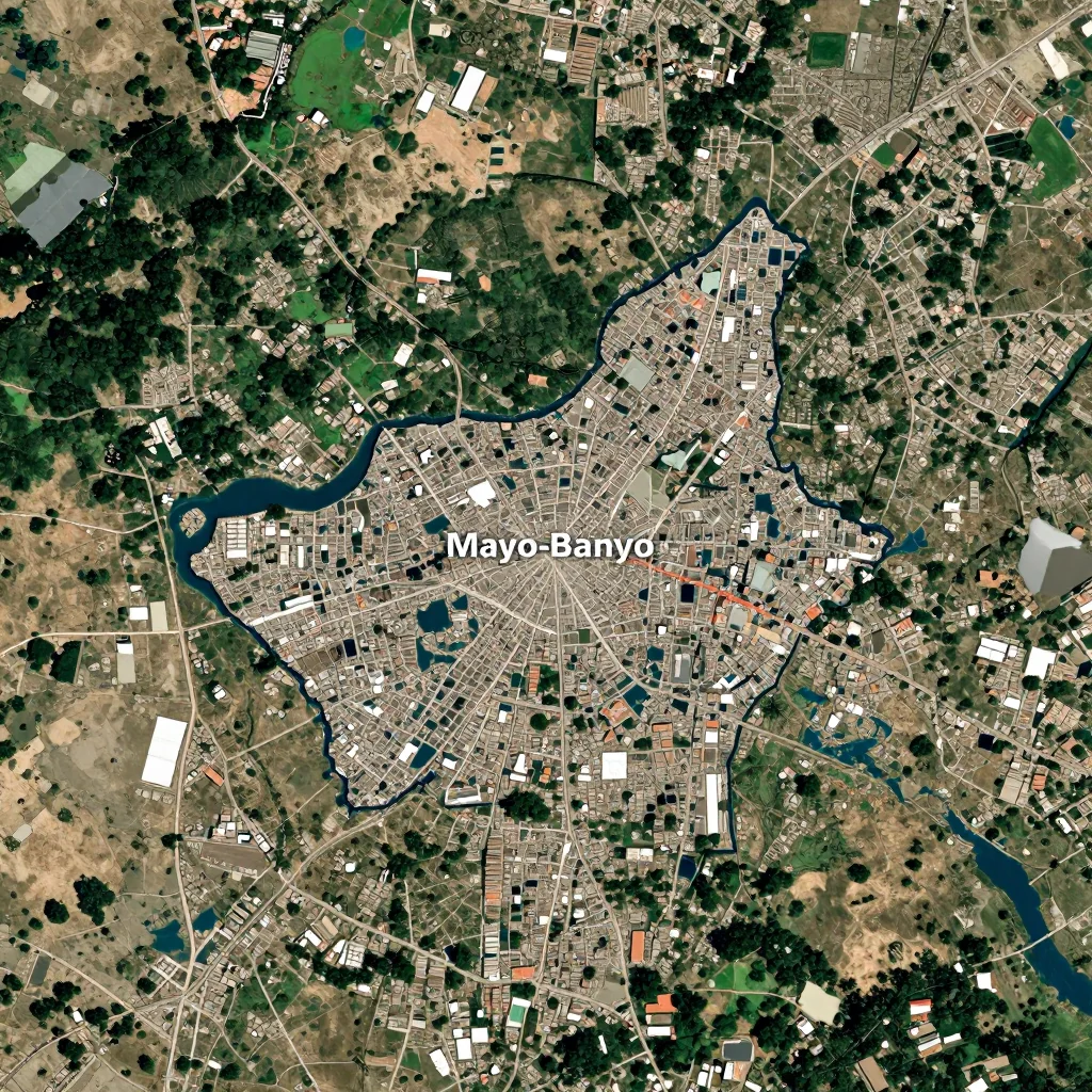 High-resolution satellite image of Mayo-Banyo, Cameroon showing land cover, urban areas, and natural features from space