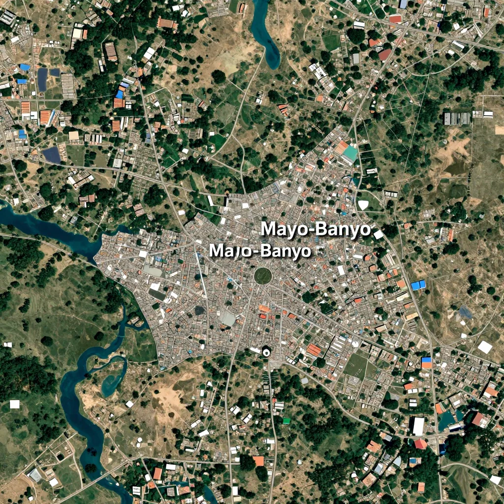 High-resolution satellite image of Mayo-Banyo, Cameroon showing land cover, urban areas, and natural features from space