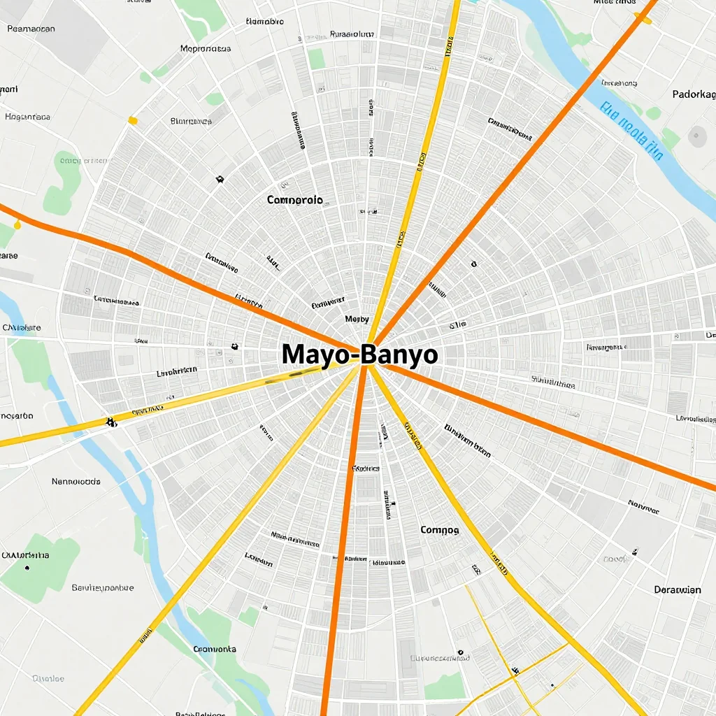 Detailed street map showing roads, highways, neighborhoods, and urban layout of Mayo-Banyo, Cameroon