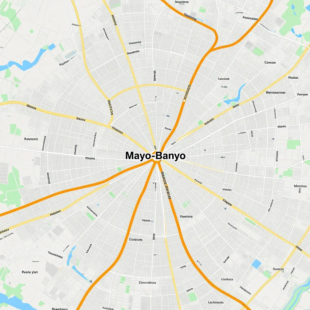 Detailed street map showing roads, highways, neighborhoods, and urban layout of Mayo-Banyo, Cameroon