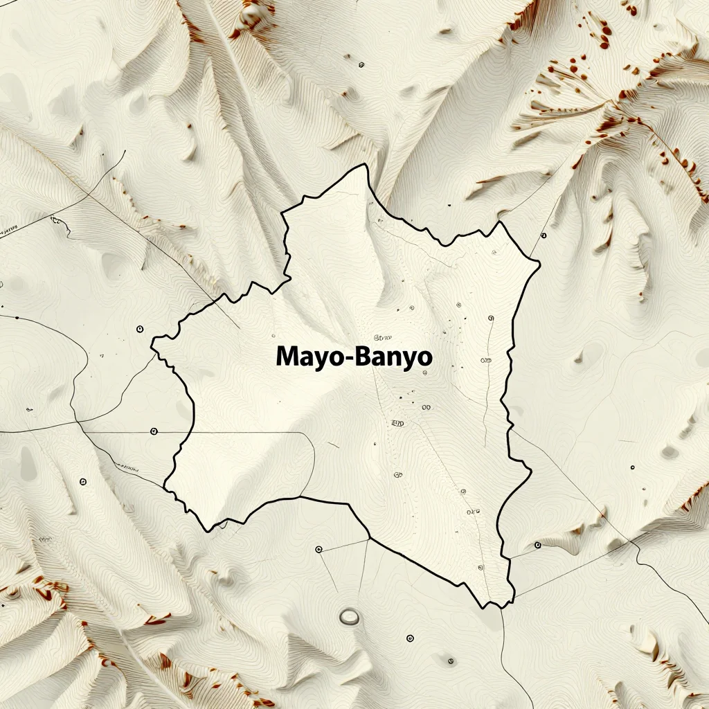 3D topographic map showing elevation contours, mountain ranges, and terrain features of Mayo-Banyo, Cameroon