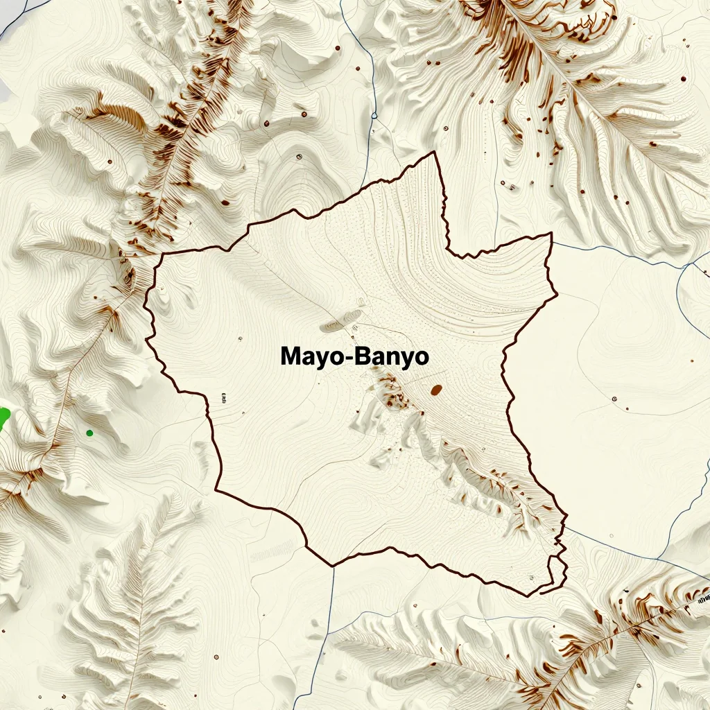 3D topographic map showing elevation contours, mountain ranges, and terrain features of Mayo-Banyo, Cameroon